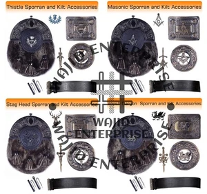 Mens Scottish Kilt Seal Skin Sporran & Kilt Accessories Brooch Pin Belt & Buckle - Picture 1 of 5