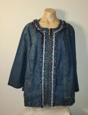 Ruby Rd. Woman 24W Denim Zip Front Embellished Ruffle Artsy Jacket - Image 1 of 4