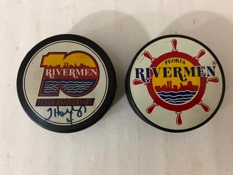 VTG LOT OF 2 PEORIA RIVERMEN IHL HOCKEY PUCKS AUTOGRAPH TERRY HOLLINGER #4 BLUES Cover