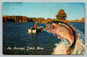 Exaggerated Fisherman in Boat Giant Trout Fish Vintage Unused Postcard - Imagen 1 de 2