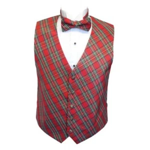 Red Stewart Holiday Tartan Plaid Tuxedo Vest and Bow Tie - Picture 1 of 6