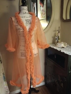 Vintage 1960s Lisette Tangerine Chiffon Sheer Ruffles Negligee Peignoir M Med - Picture 1 of 13