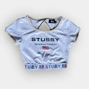 STUSSY INTERNATIONAL CROPPED HIGH NECK ATHLETIC TEE SHIRT (UPCYCLED) – SIZE 6 - Picture 1 of 9