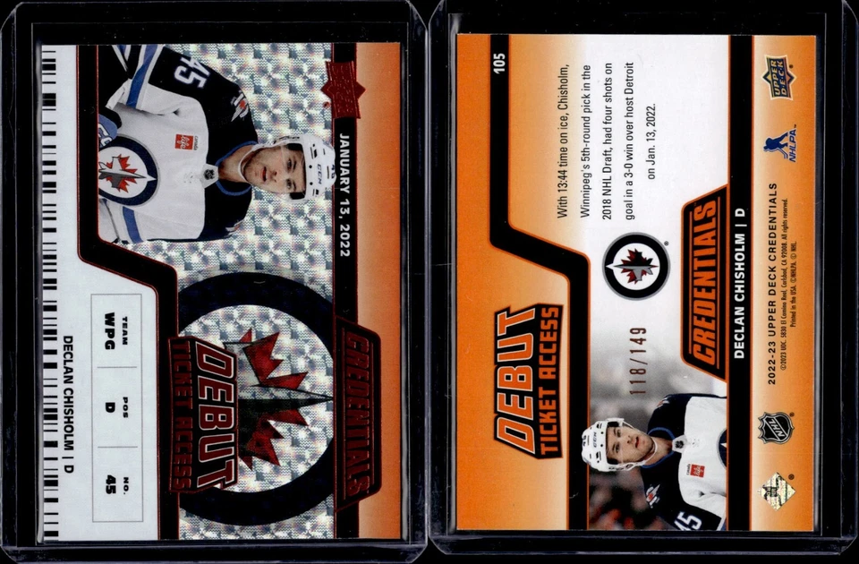 2022-23 Upper Deck Credentials Debut Ticket Access Orange Declan Chisholm /149 - Image 1 of 1