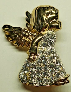 Small Angel Rhinestone Brooch Pin, Gold Tone - Picture 1 of 4