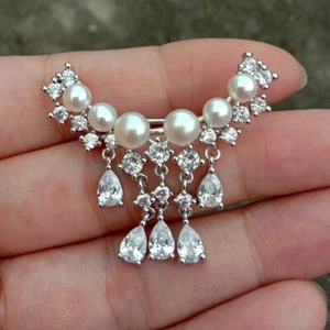 Freshwater Cultured White Pearl Cubic Zirconia Pave Brooch - Picture 1 of 6