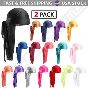 2 Pack Silky Satin Durag Unisex Wave Cap Hat Doo Rag Biker Smooth Head Wrap - Picture 1 of 30