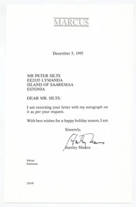 Legendary Neiman Marcus Retailer STANLEY MARCUS Typed Letter Signed 1995 - Picture 1 of 1