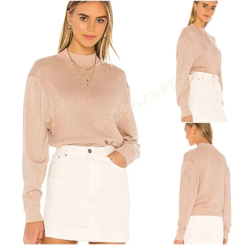 People Large Sweater Starry Night Beige Sparkly Shimmer Puff Sleeve Tan