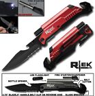 Red Assisted Open Folding Blade Pocket Survival Knife + Fire Starter+ Flashlight