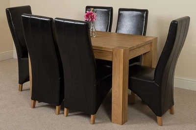 Oak Dining Table Set 6 Black Leather Chairs Solid Wood Compact 125cm - Image 1 of 4