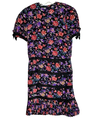 Vestido de seda Albert Nipon cambio negro floral con volantes en capas lazos de colección años 80 mujeres 10 Foto 1 de 4