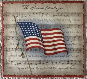 Vintage Weihnachtsfahne patriotisch Oh Say Can You See Grußkarte 30er 1940er - Bild 1 von 3