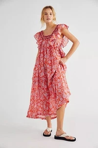 Free People Feeling Bonita Midikleid Gr. M rot rosa Blumen Baumwolle Maxi ungefüttert - Bild 1 von 9