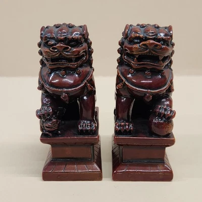2 estatuas de león guardián león foo rojo chino de colección acabado brillante de resina 5" Foto 1 de 4