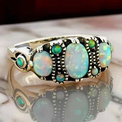 VICTORIAN STYLE 925 SOLID STERLING SILVER LAB-CREATED OPAL FILIGREE RING    #143 - Image 1 of 3