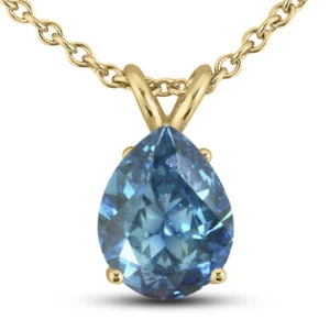Blue Diamond Solitaire Pendant Natural Pear Shape Treated 14K Yellow Gold 1ct - Picture 1 of 5