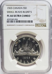 1965 CANADA SILVER 1 DOLLAR - SMALL BEADS-BLUNT 5 - NGC PL66 - ULTRA CAMEO - Picture 1 of 8