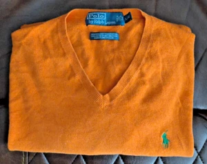 Polo Ralph Lauren Sweater Mens Size L Soft Orange Pullover V-Neck Green Logo - Picture 1 of 12