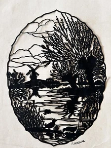FRED KASKELINE Paper Cut Silueta Ovalada CORTES DE TIJERA Windmill Lake - Imagen 1 de 3