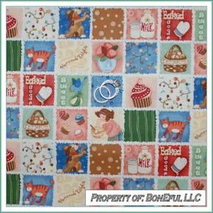 BonEful Fabric FQ Cotton Quilt Block Birthday Cupcake Kitchen Farm Girl Cat Dog - Picture 1 of 14