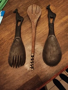 Safari Giraffe Dark Wood Salad Server 12” Fork & Spoon Handmade Hand Carved Set - Picture 1 of 2