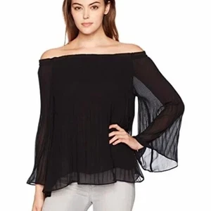 Max Studio Black Off Shoulder Pleated Sheer Top Blouse size XL - Picture 1 of 11