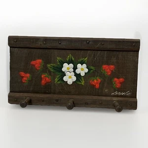 Reclaimed Barn Wood Handpainted Strawberry Flower Wall Coat Hanger Hooks Signed - Picture 1 of 5
