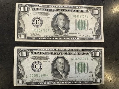 Two 1934  $100 Federal Reserve Note. Low Serial On One 00!! C Block - Image 1 of 4