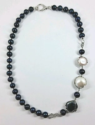 COLLANA ARGENTO 925 CON PERLE NERE TONDE E PERLE BAROCCHE BIANCA, ROSA E GRIGIA - Immagine 1 di 4