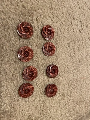 Vintage 2-HOLE BUTTONS - Deep Crimson Beautiful Unique Flower Design - Set of 8 - Image 1 of 3