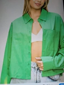 COCO The Shop Womans Crop Blouse Size Large Top Button Up Green Long Sleeve - Picture 1 of 13