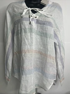Rails Pullover Womens XtraSmall Seychelles Stripe Linen Blend Hooded Lace Up NWT - Picture 1 of 9