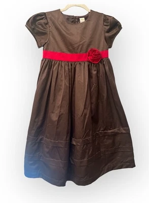 Gymboree Dress Girls Size 10 Brown Satin Puff Sleeve Red Sash Flower Holiday - Image 1 of 4