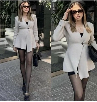 ZARA NEW WOMAN SS24 BEIGE WOOL PEPLUM KNIT BLAZER REF:5755/113 SIZE L - Image 1 of 4