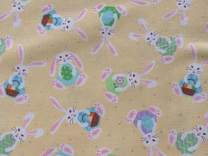 EASTER BUNNY RABBITS EGGS ON YELLOW SILVER GLITTER PASTEL 100% Cotton Fabric HY - Picture 1 of 3