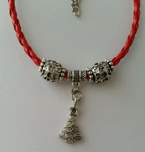 Retro Moda Unisex Pulsera de Cuero Rojo Árbol de Navidad Dije Joyería de Plata EE. UU. - Imagen 1 de 5