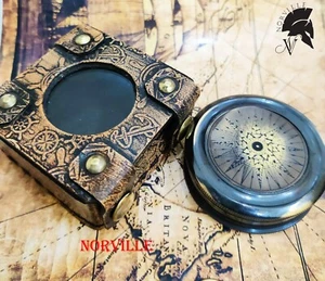 Antique Brass Poem Compass with Leather Case Vintage Nautical Collectible & Gift - Picture 1 of 6