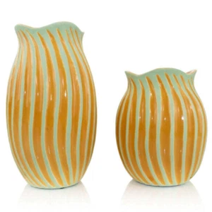 Orange Flower Vases with Green Details - Set of 2 - Picture 1 of 2