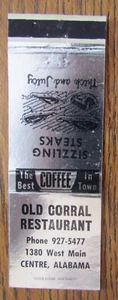 CENTRE, ALABAMA MATCHBOOK COVER: OLD CORRAL RESTAURANT 1970s MATCHCOVER -D - Bild 1 von 2