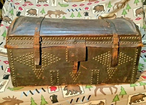 Antique Leather Wood Chest Trunk Rich Family Truro Mass. c. 1850 Cover