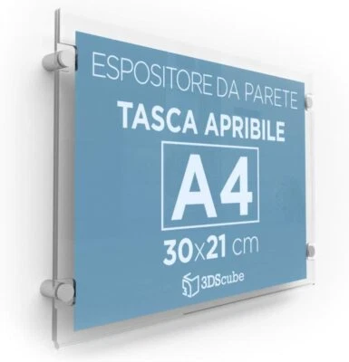 3DSCUBE Espositore in plexiglass porta dépliant A4 ORIZZONTALE con distanziali alluminio