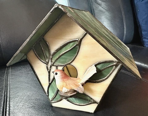 Stained Glass Birdhouse w/ Bird Green Cream Leaf design 6" Cover