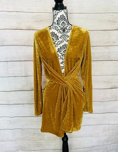 Blue Blush Women’s Mustard Yellow Velvet Plunging Long Sleeve Front Twist Dress - Picture 1 of 10