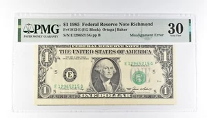 PMG 30 VF $1 1985 FRN Richmond Fr#1913-E Misalignment Error *3196 - Picture 1 of 3