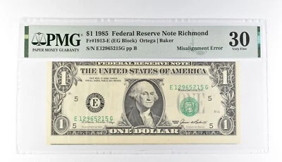 PMG 30 VF $1 1985 FRN Richmond Fr#1913-E Misalignment Error *3196 - Image 1 of 3