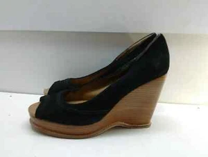 Steve Madden Women 10M Black Leather Slip On Platform Peep Toe Wedge Pump Shoes - Picture 1 of 9