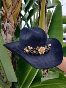 sombrero vaquero.negro mexicano, cristal, chapa, suede. talla M echo a Mano - Picture 1 of 4