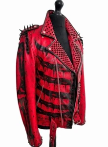 Chaquetas de motociclista hechas a mano para hombre de cuero rojo estampado negro con tachuelas - Imagen 1 de 4