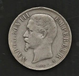 1856A FRANCE 5 Francs LOUIS III NAPOLEON BONAPARTE EMPEREUR SILVER COIN KM#782.1 - Picture 1 of 2
